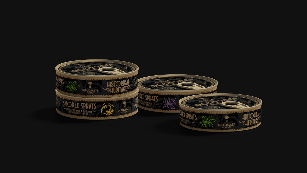 Diplomats Gourmet Smoked Sprats. Histoical Heritage. — packaging, image 1