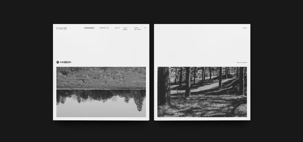 Two Analog Algorithm book mockups open to lake and forest photos
