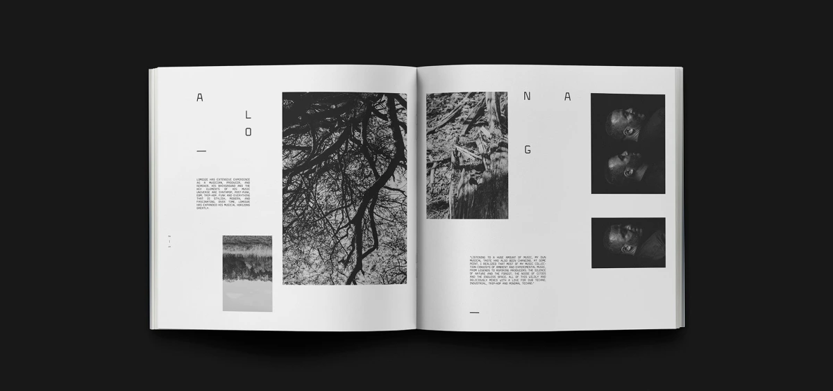 Open spread with tree branch photo, lake image and three portrait close-ups