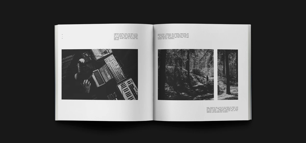 Open spread with synthesizer close-up beside two forest path photographs
