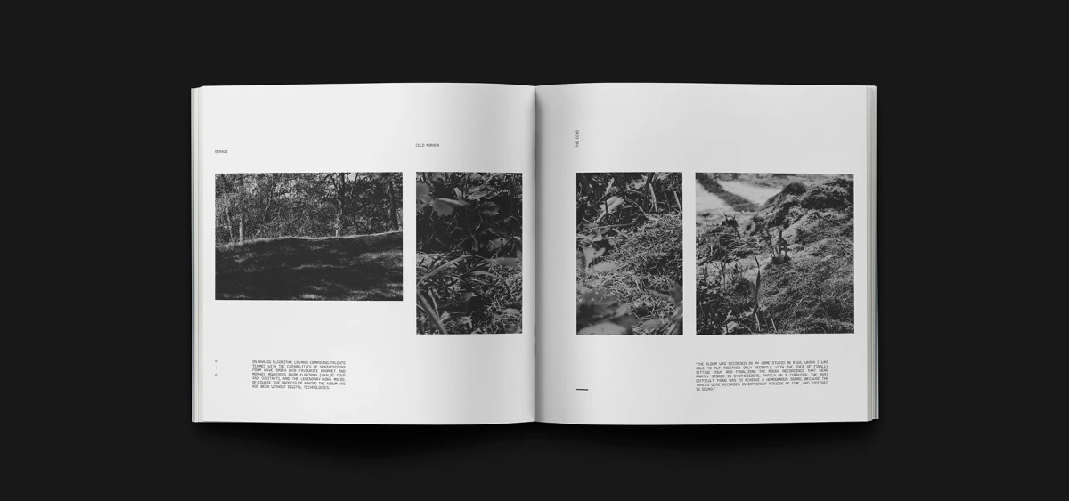 Open spread with four black-and-white close-ups of forest ground