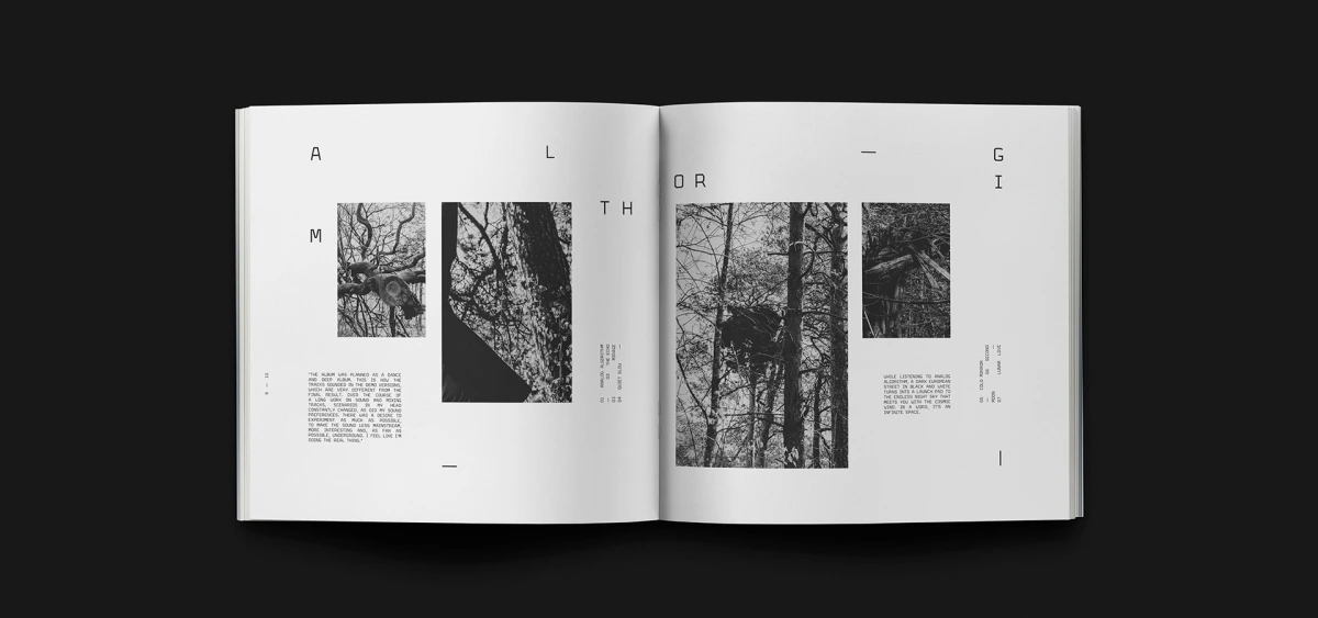Open spread with scattered lettering between two tree canopy photos