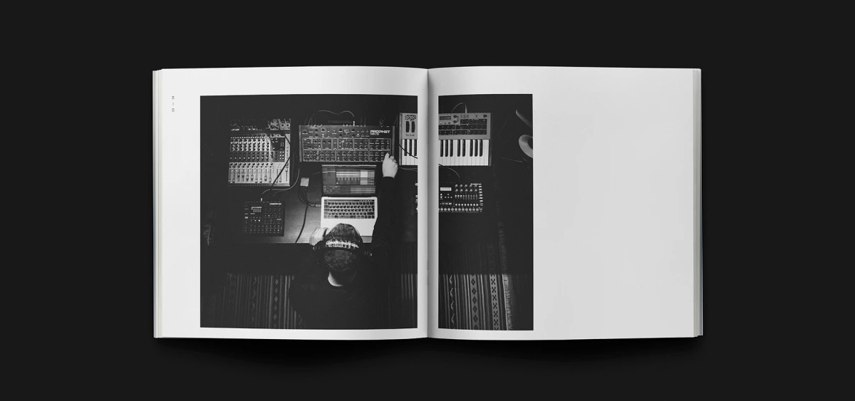Open spread with synth studio photo on left, mostly blank right page