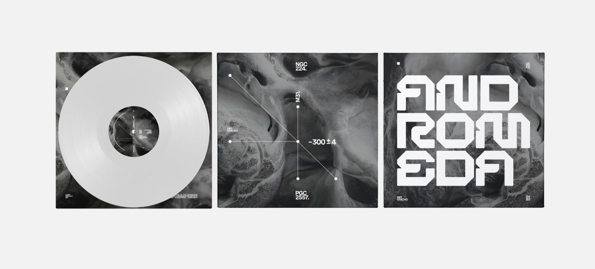 Andromeda vinyl record, label and cover side by side