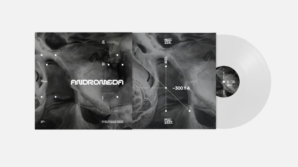Open gatefold Andromeda sleeve with white vinyl record half out
