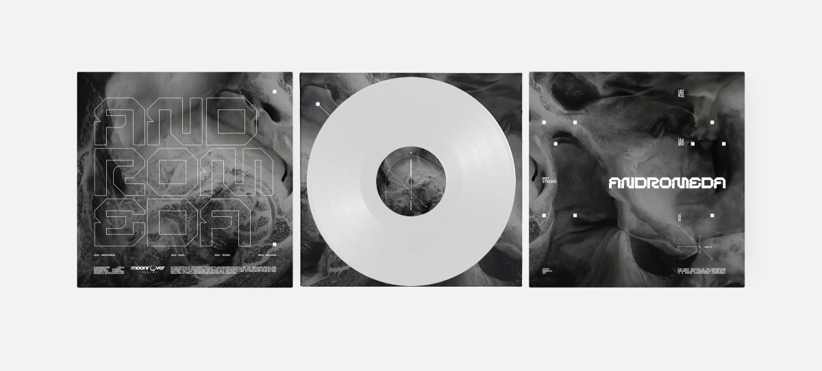 Three panel view of the Andromeda sleeve and its white vinyl record