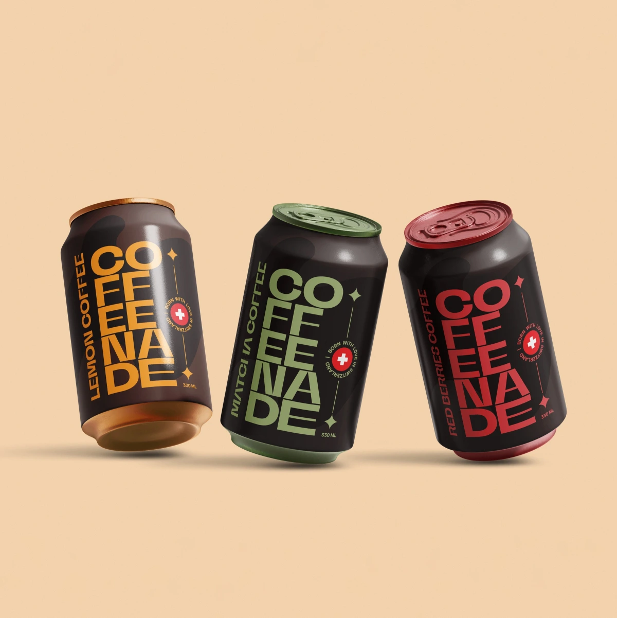 Coffeenade lemon, matcha and red berries coffee cans on beige