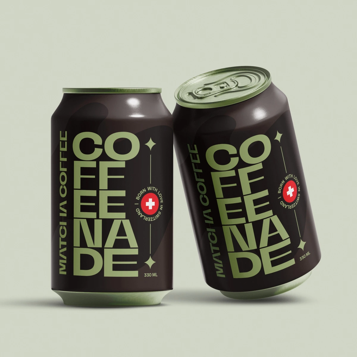 Two Coffeenade matcha coffee cans, one tilted, green background