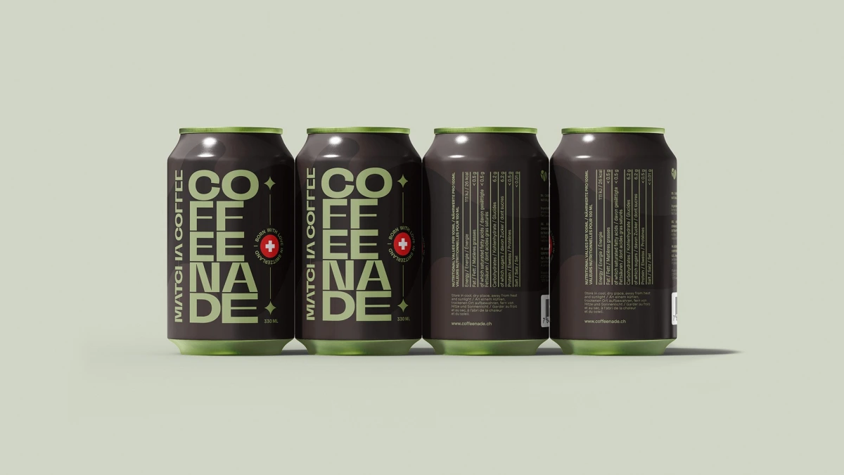 Four Coffeenade matcha coffee cans in a row, front and back