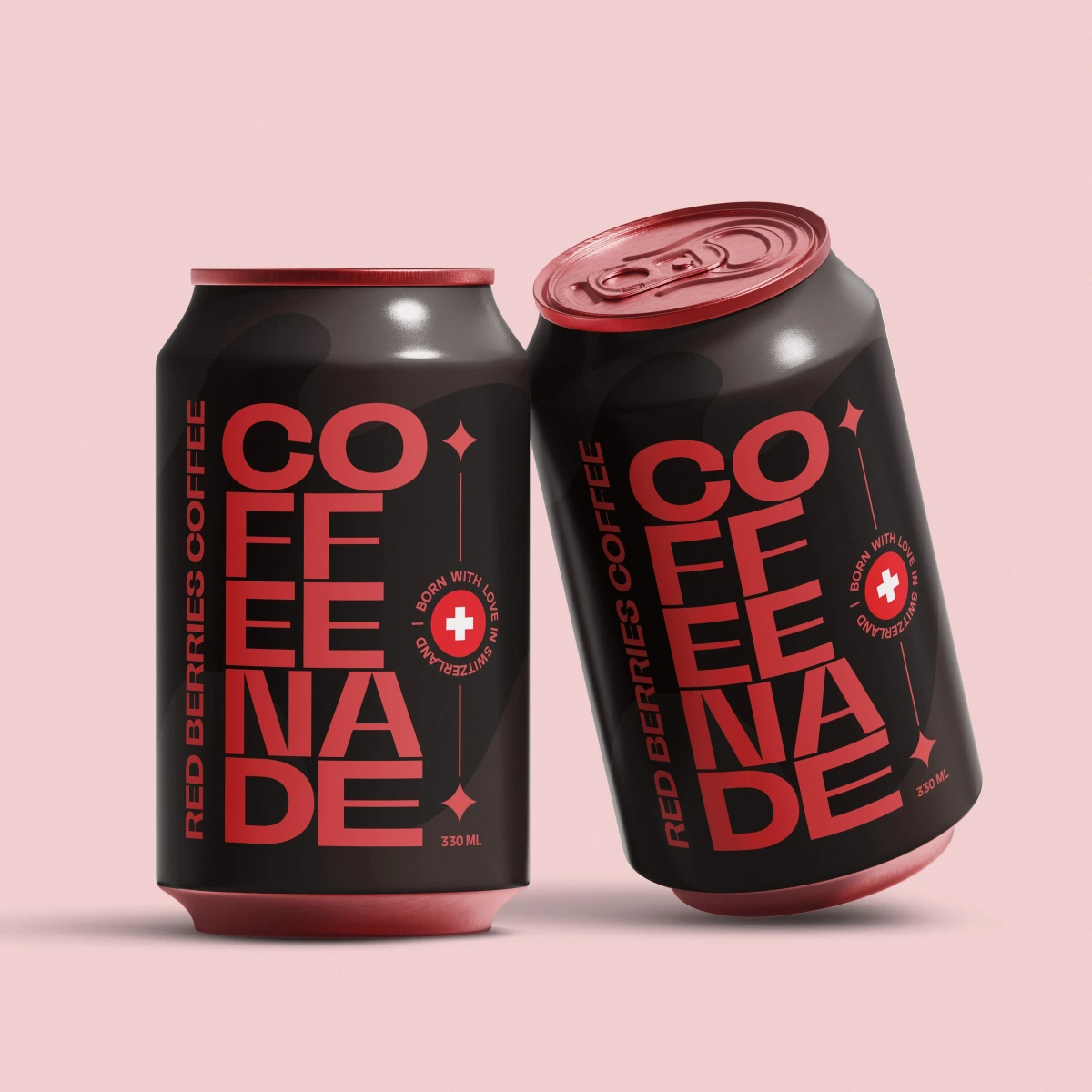 Two Coffeenade red berries coffee cans, one tilted, pink background