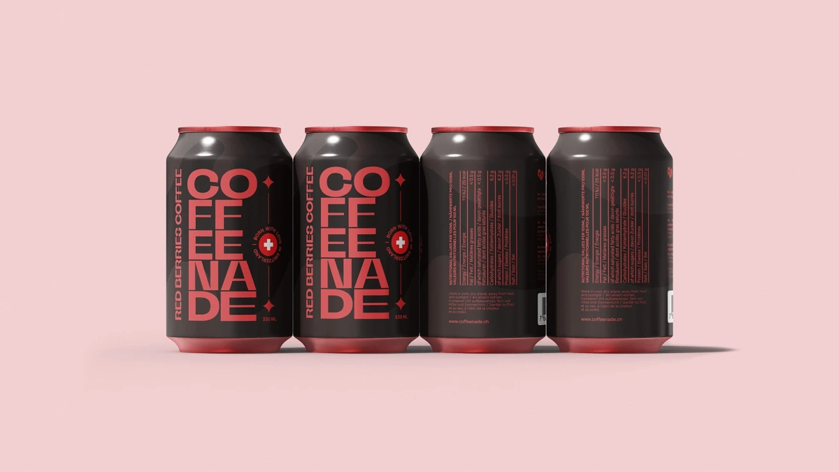 Four Coffeenade red berries coffee cans in a row, front and back