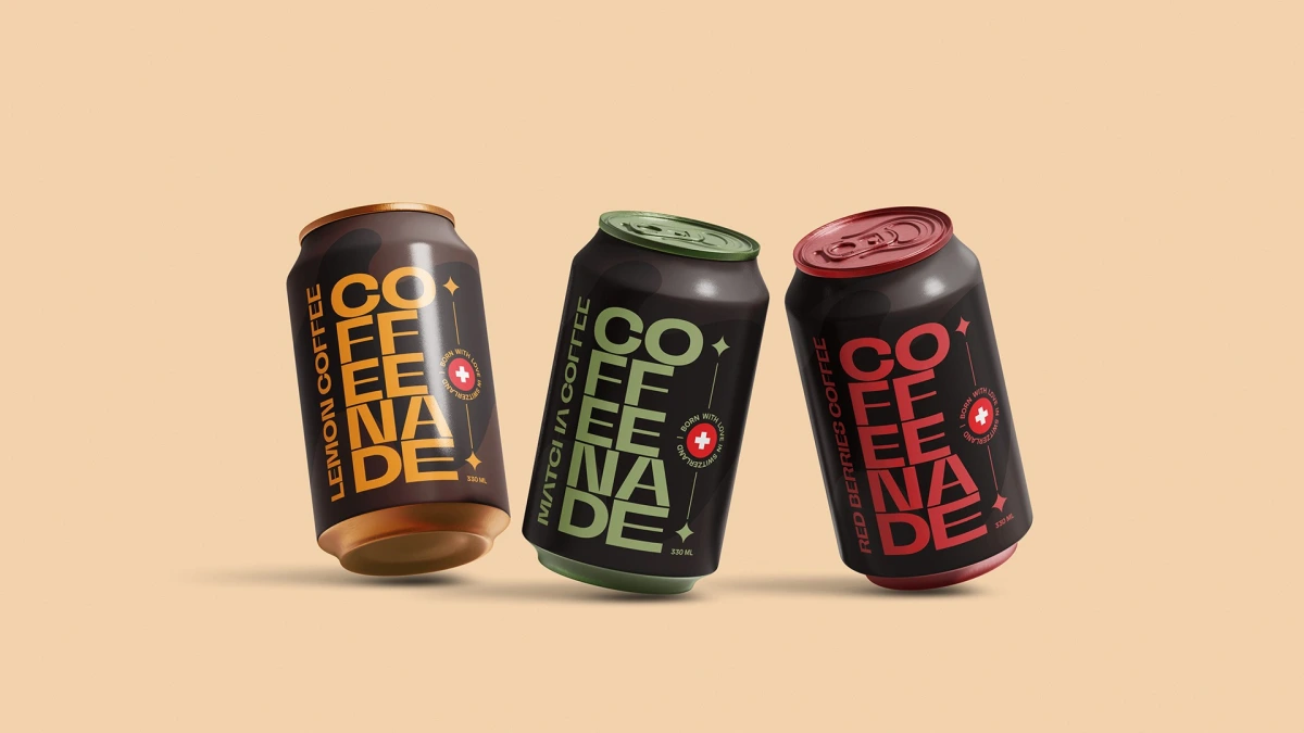 Three Coffeenade coffee cans leaning together on a beige background