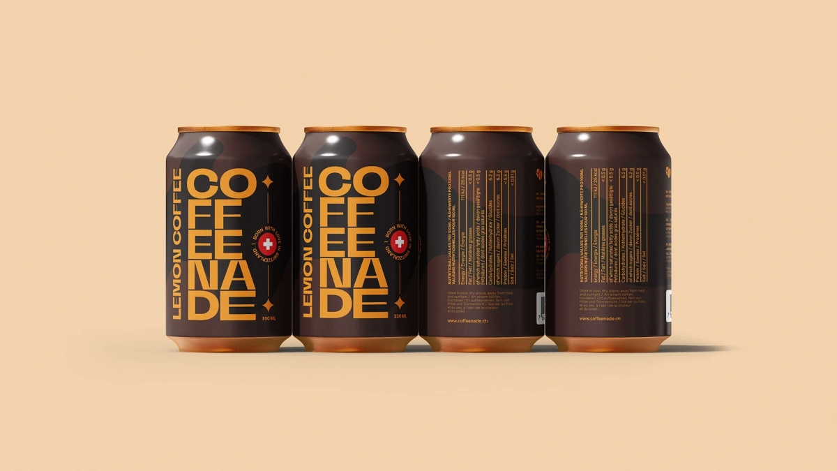 Four Coffeenade Lemon Coffee cans showing front and nutrition label