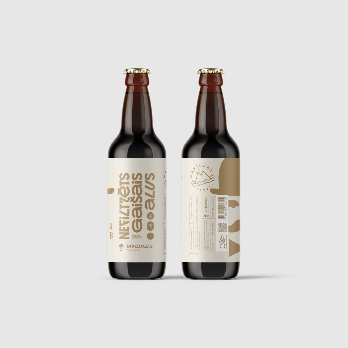 Diplomats unfiltered light beer bottle, front and back label views