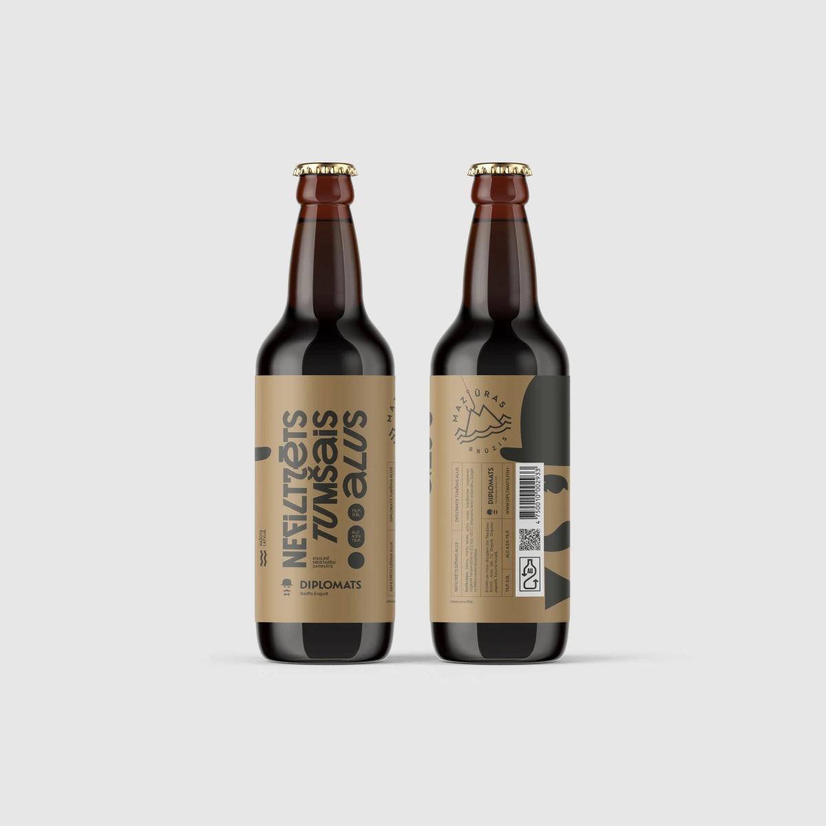 Diplomats unfiltered dark beer bottle, front and back label views