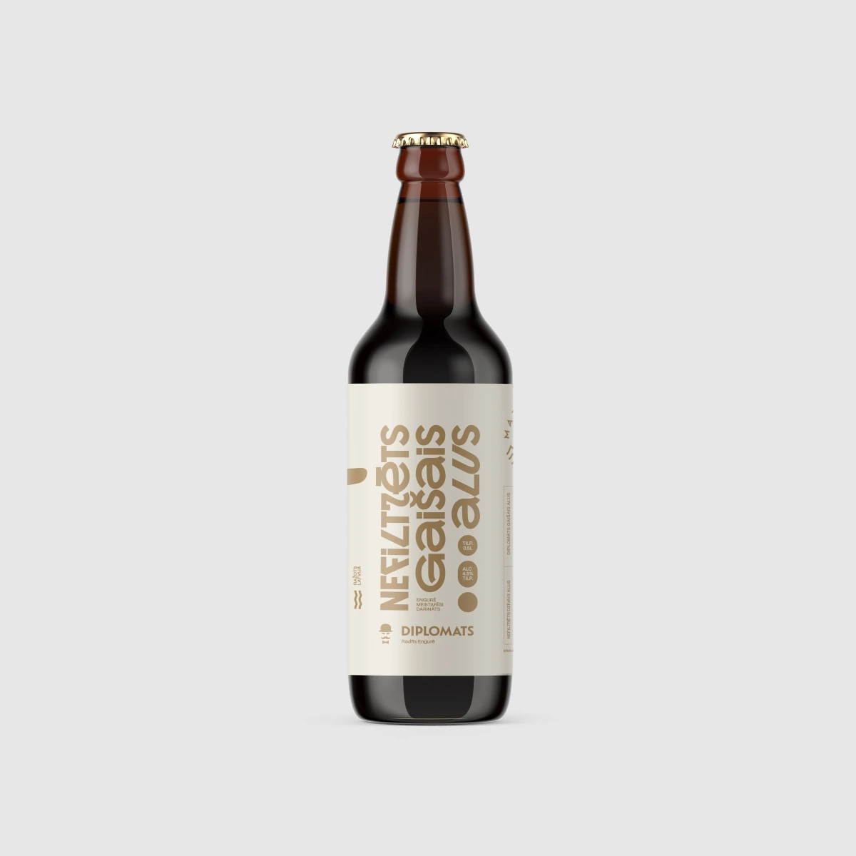 Diplomats unfiltered light beer bottle, single front view