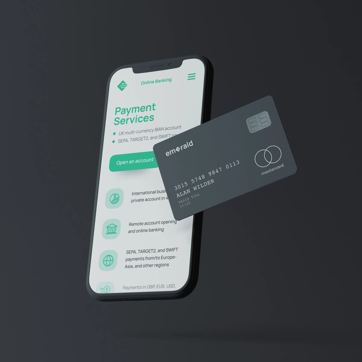 Emerald Bank app screen on a phone with a dark bank card overlapping