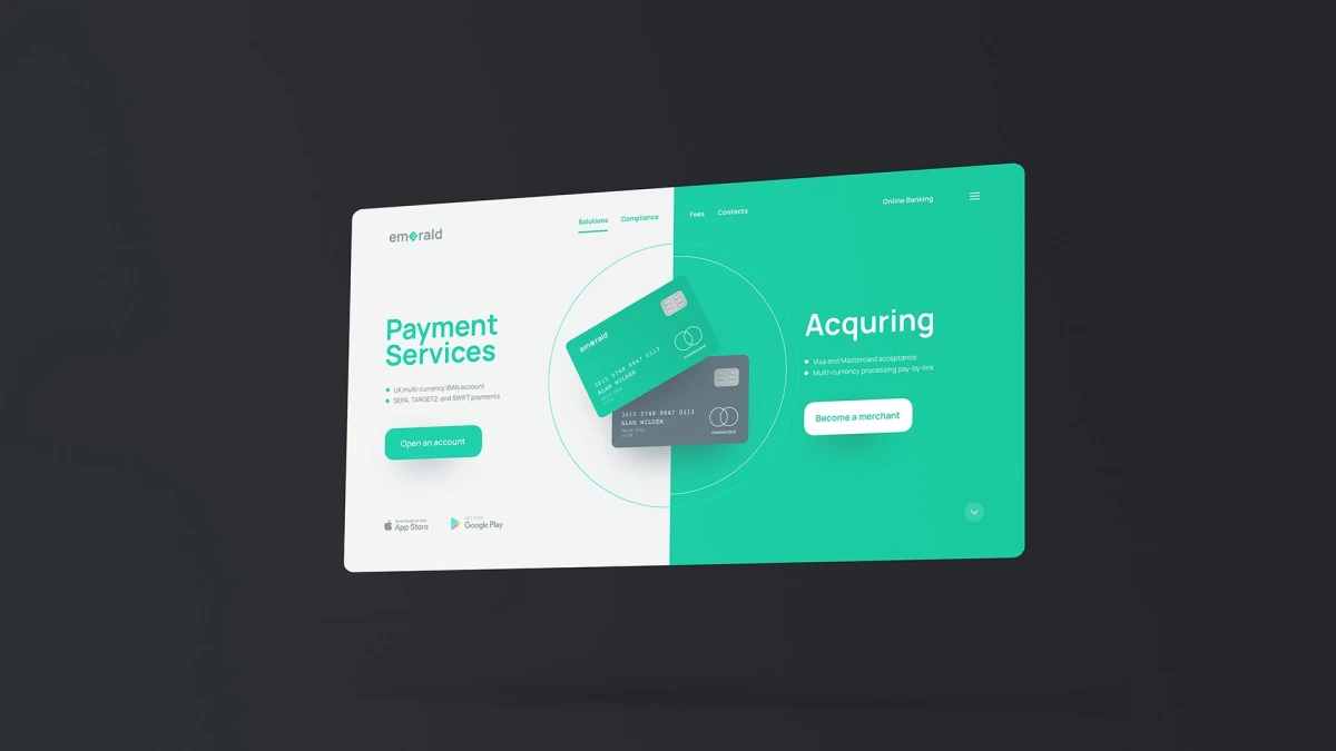 Emerald website homepage split screen with payment cards and green accents