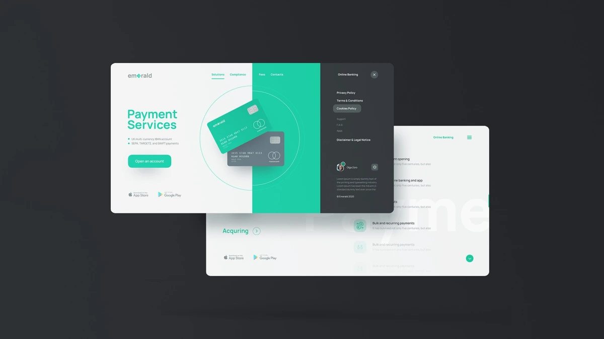 Emerald website hero screen and additional banking pages mockup