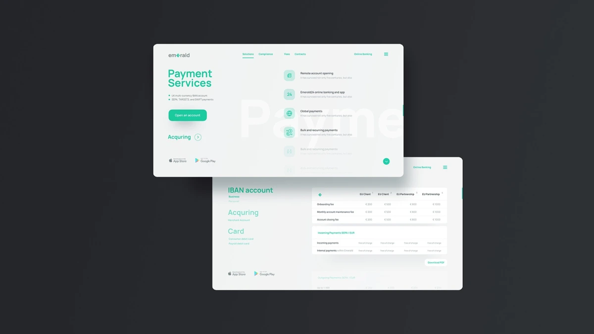 Emerald website IBAN account and acquiring pricing table screens