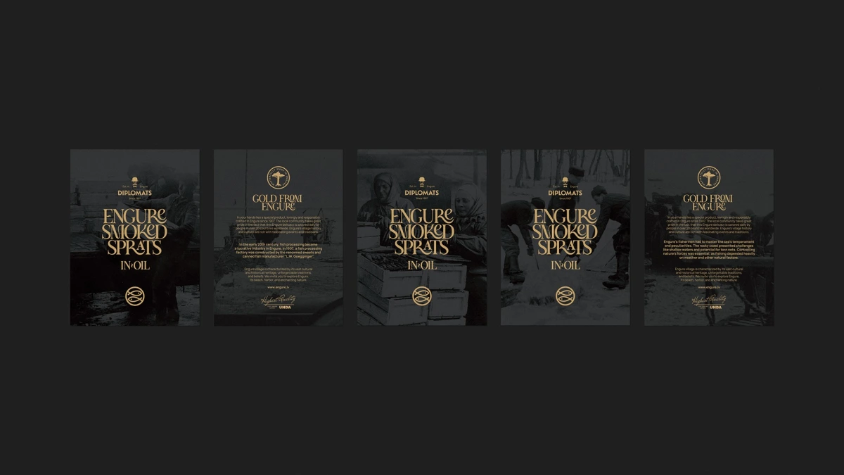 Five Diplomats Engure Smoked Sprats poster layouts with gold text on dark backgrounds