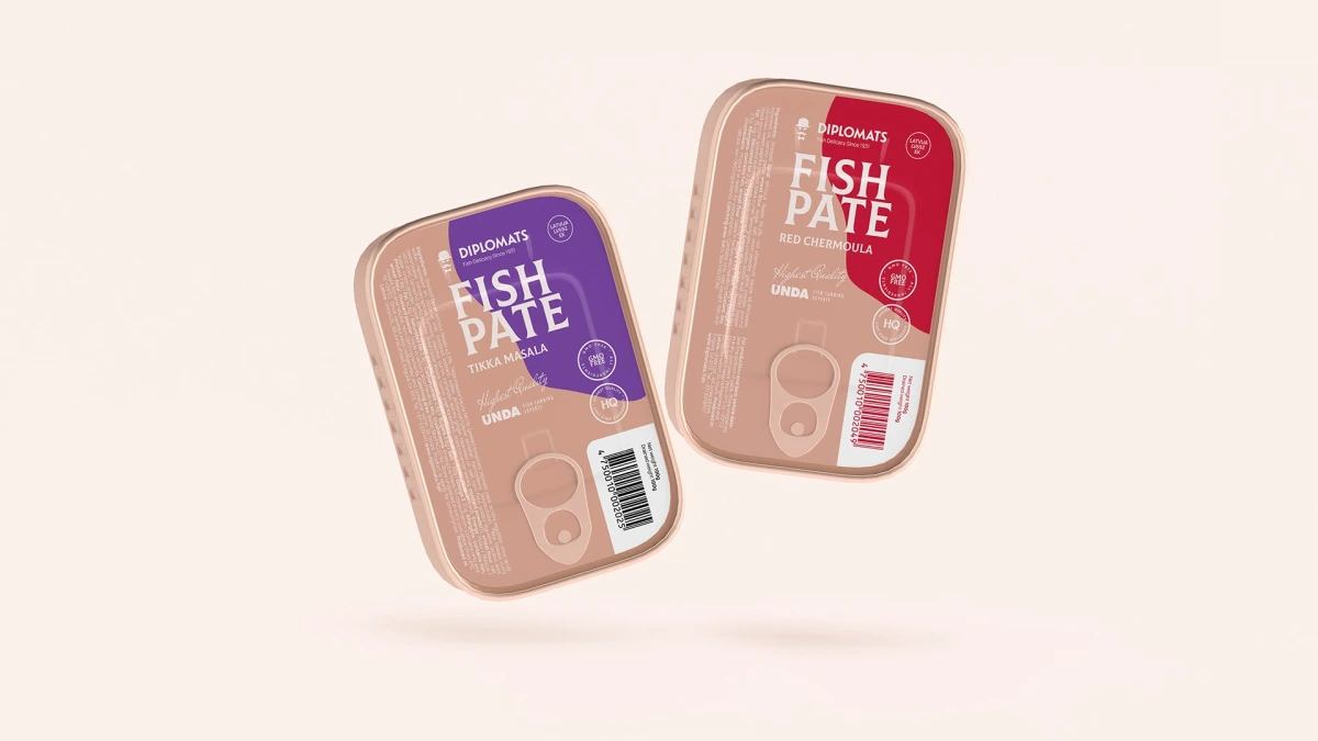 Diplomats Fish Pate tins in purple and red floating against beige background
