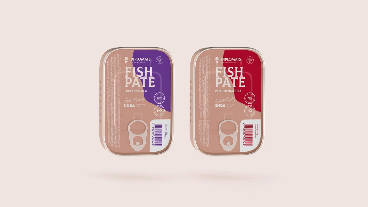Diplomats Fish Pate tins labeled Tikka Masala and Red Chermoula side by side