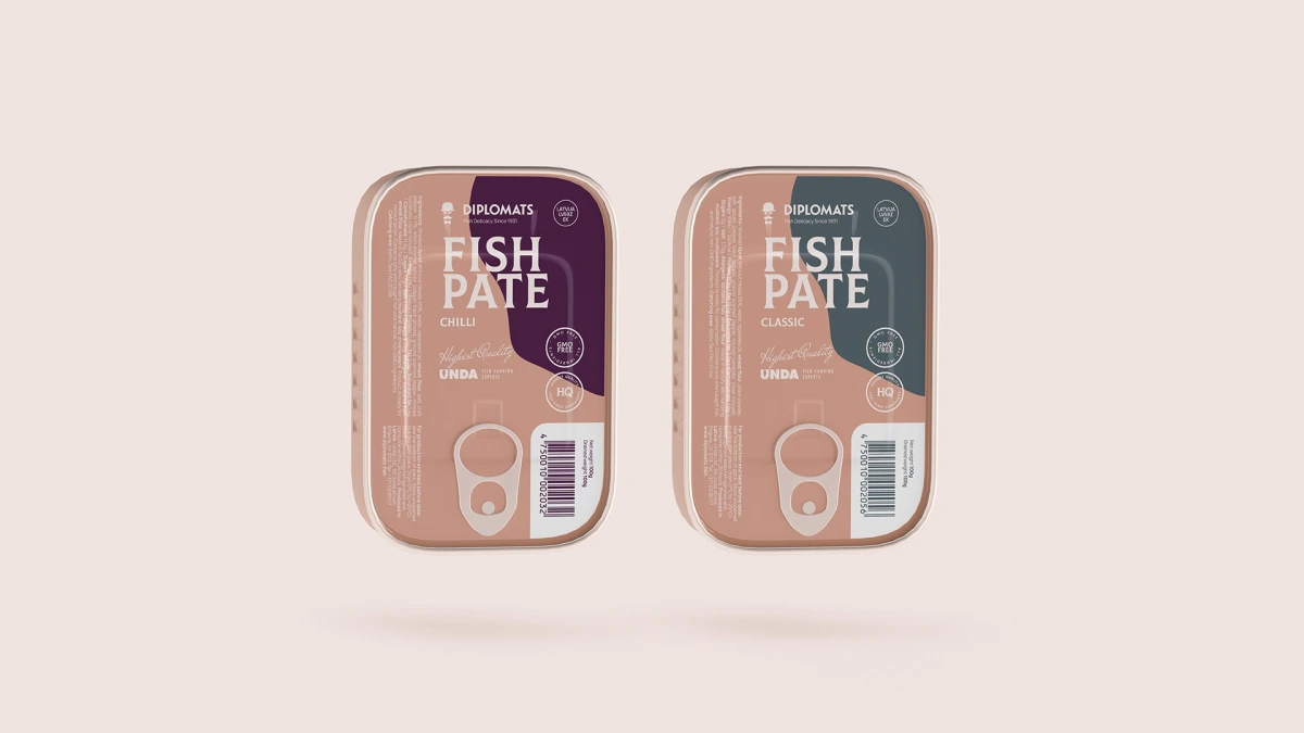 Diplomats Fish Pate tins labeled Chilli and Classic side by side