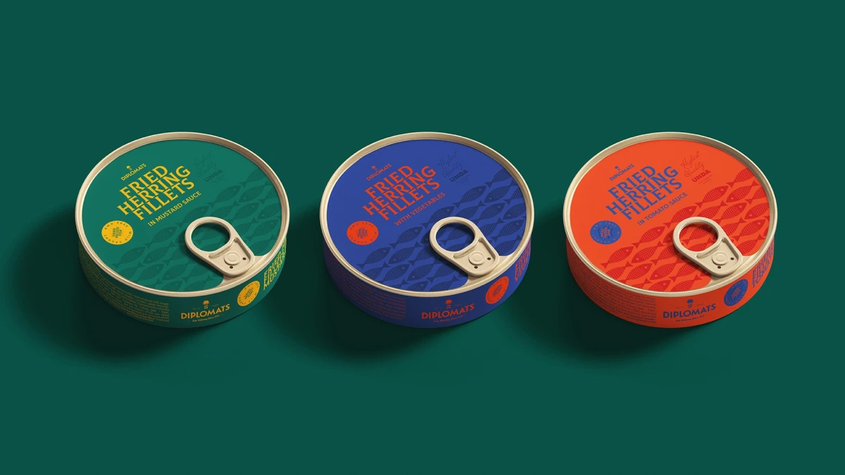 Three Diplomats Fried Herring Fillets tins in green, blue and orange