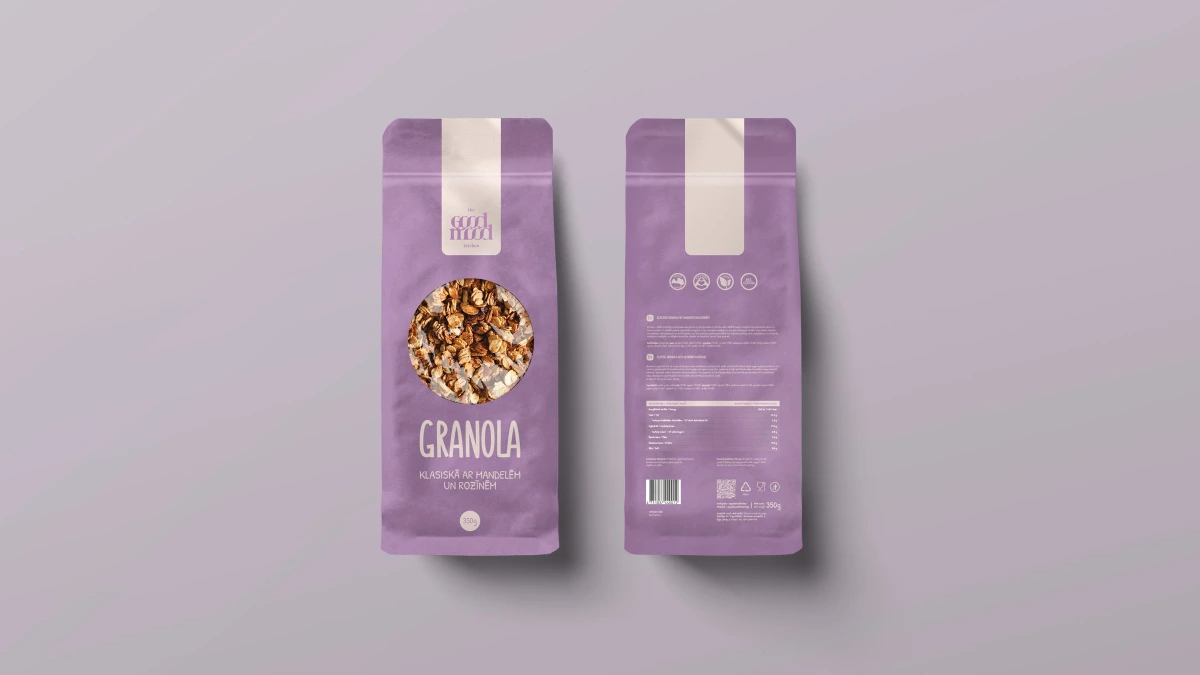 Purple Good Mood granola pouch front and back with almond and rye flavour