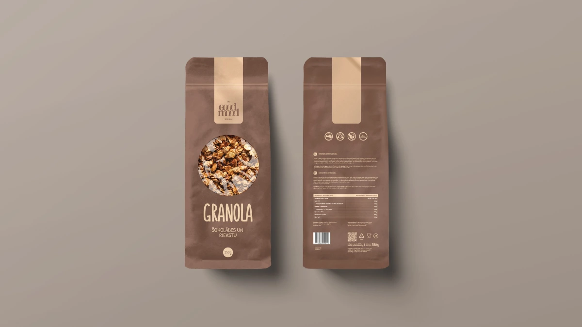 Brown Good Mood granola pouch front and back with chocolate and nut flavour