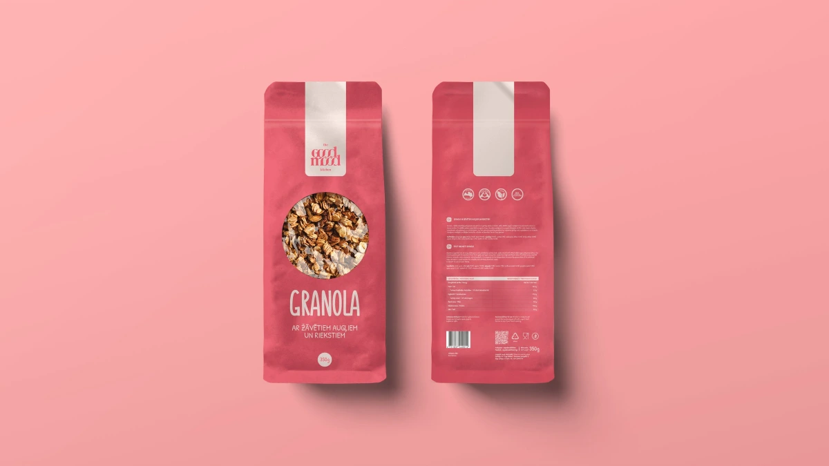 Pink Good Mood granola pouch front and back with dried fruit and nut flavour
