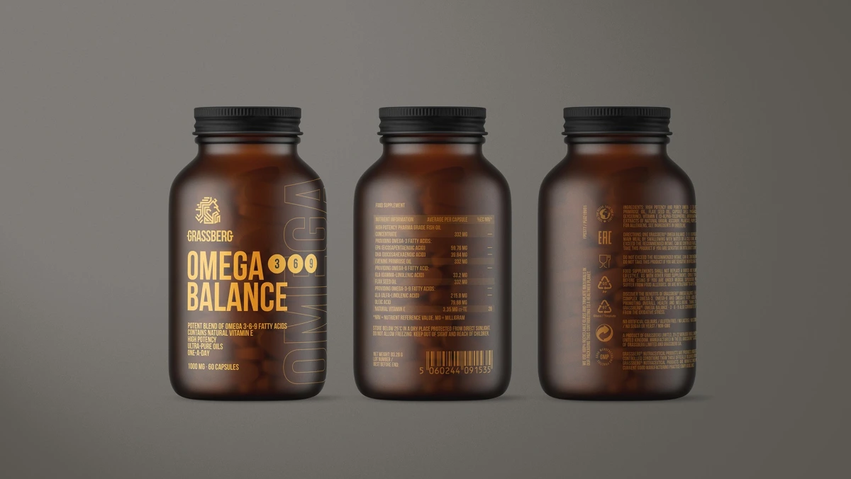 Three views of a Grassberg Omega Balance bottle showing front, nutrition and side labels