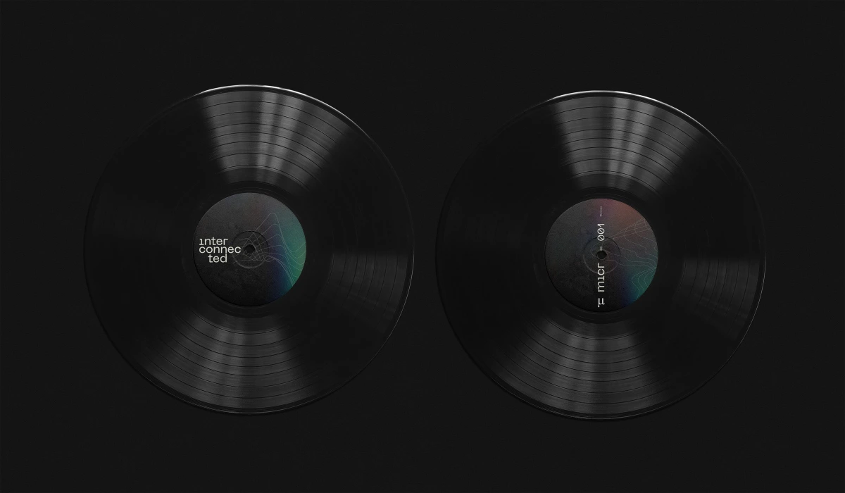 Two black Interconnected vinyl records showing label side by side