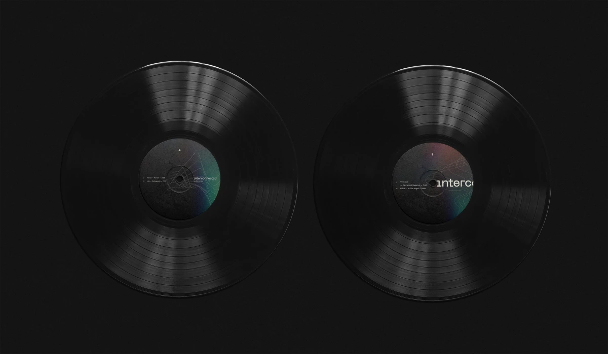 Two black Interconnected vinyl records showing printed B-side labels