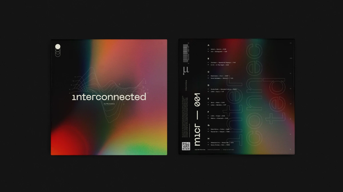 Interconnected front and back covers with holographic gradient and track list