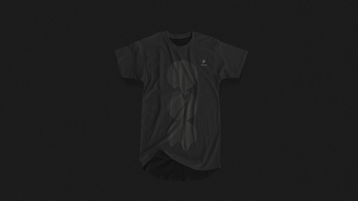 Interconnected t-shirt mockup, dark grey, narrow vertical triple-circle dot pattern