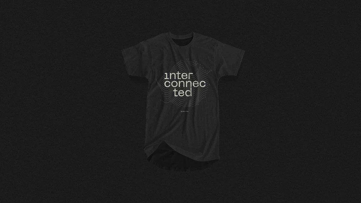 Interconnected t-shirt mockup, dark grey, dotted wordmark text across chest
