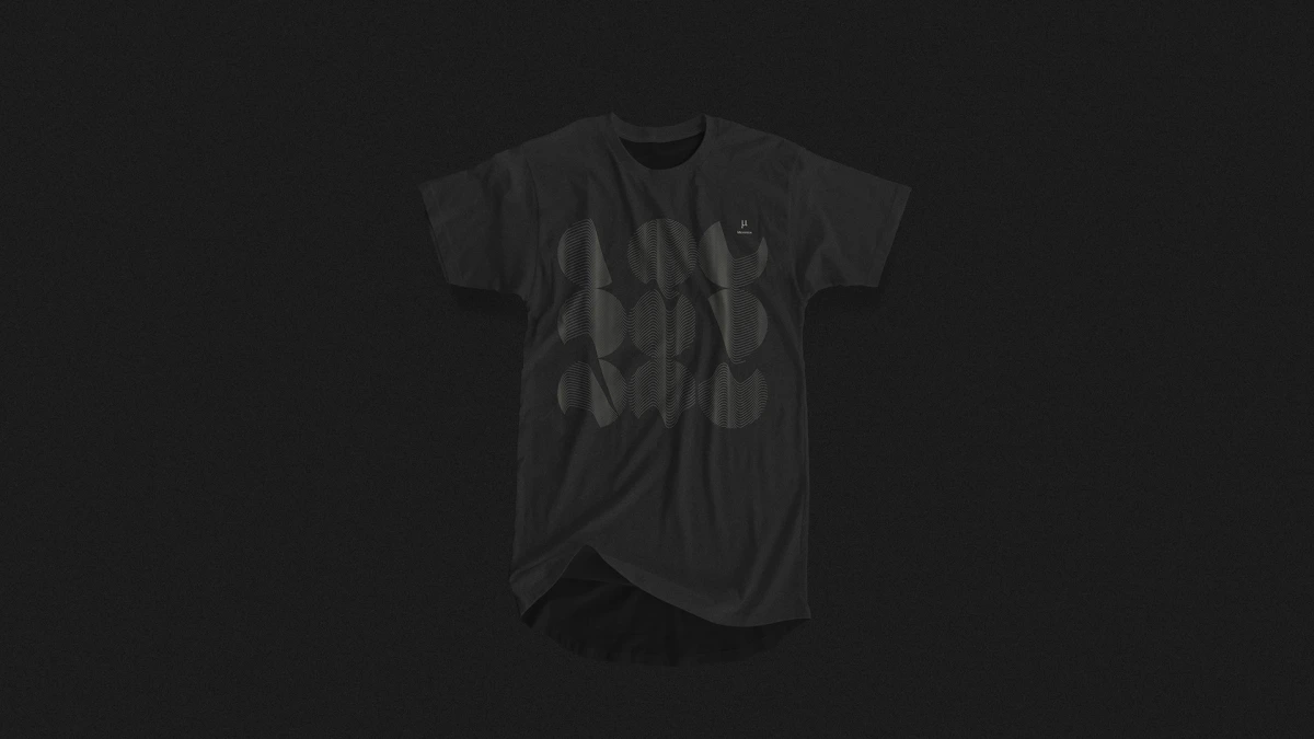 Interconnected t-shirt mockup, dark grey, wide six-circle dot grid pattern