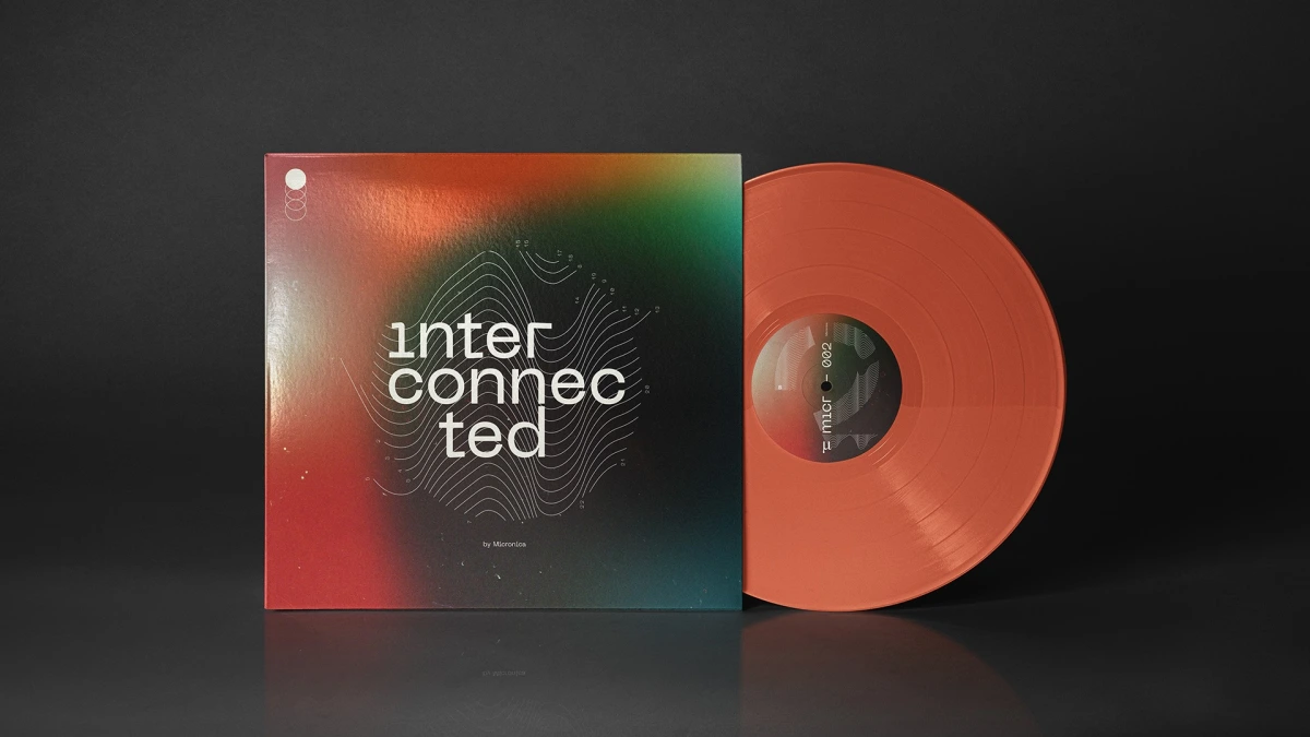 Interconnected vinyl sleeve and orange record leaning against each other