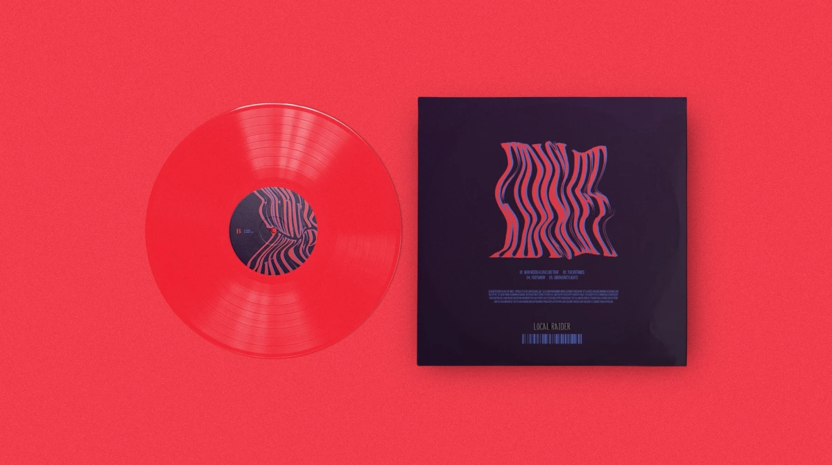 Red vinyl record beside Local Rider Label sleeve on red background