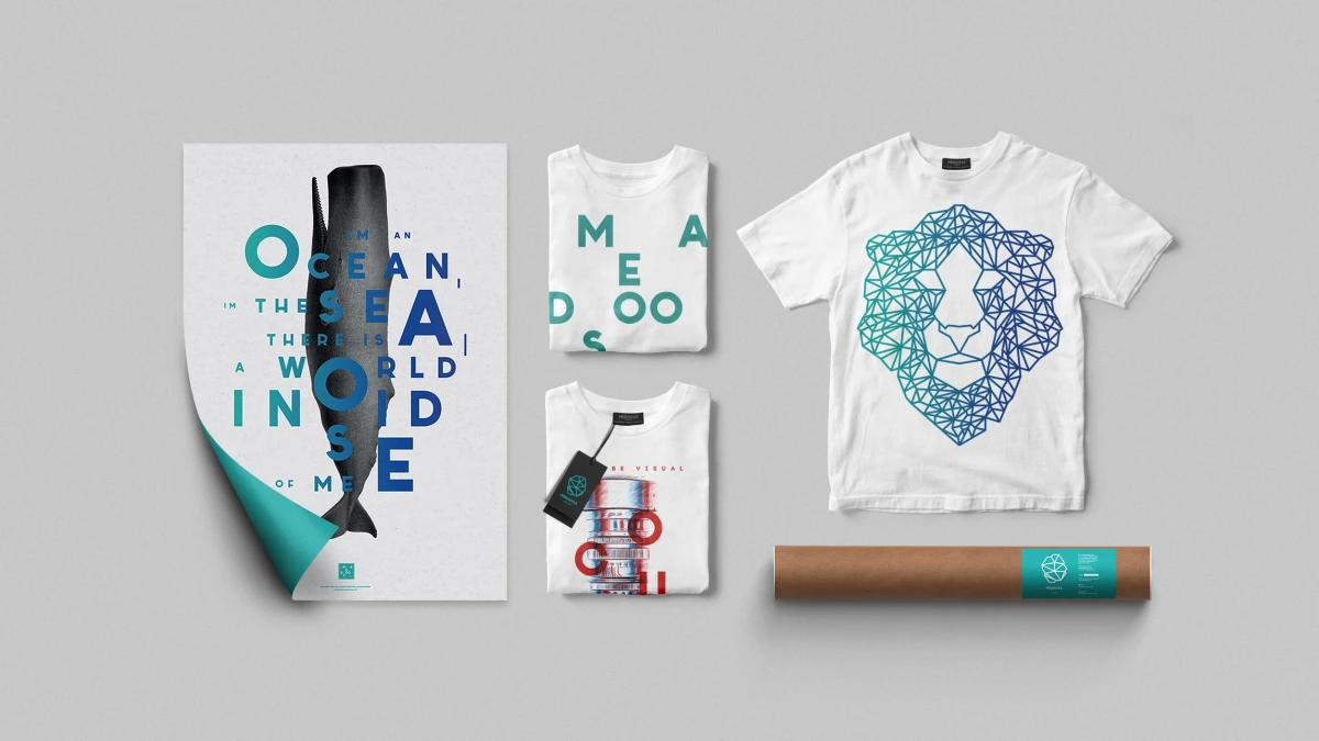 Medoosa Artroom poster, lion logo t-shirts and shipping tube packaging