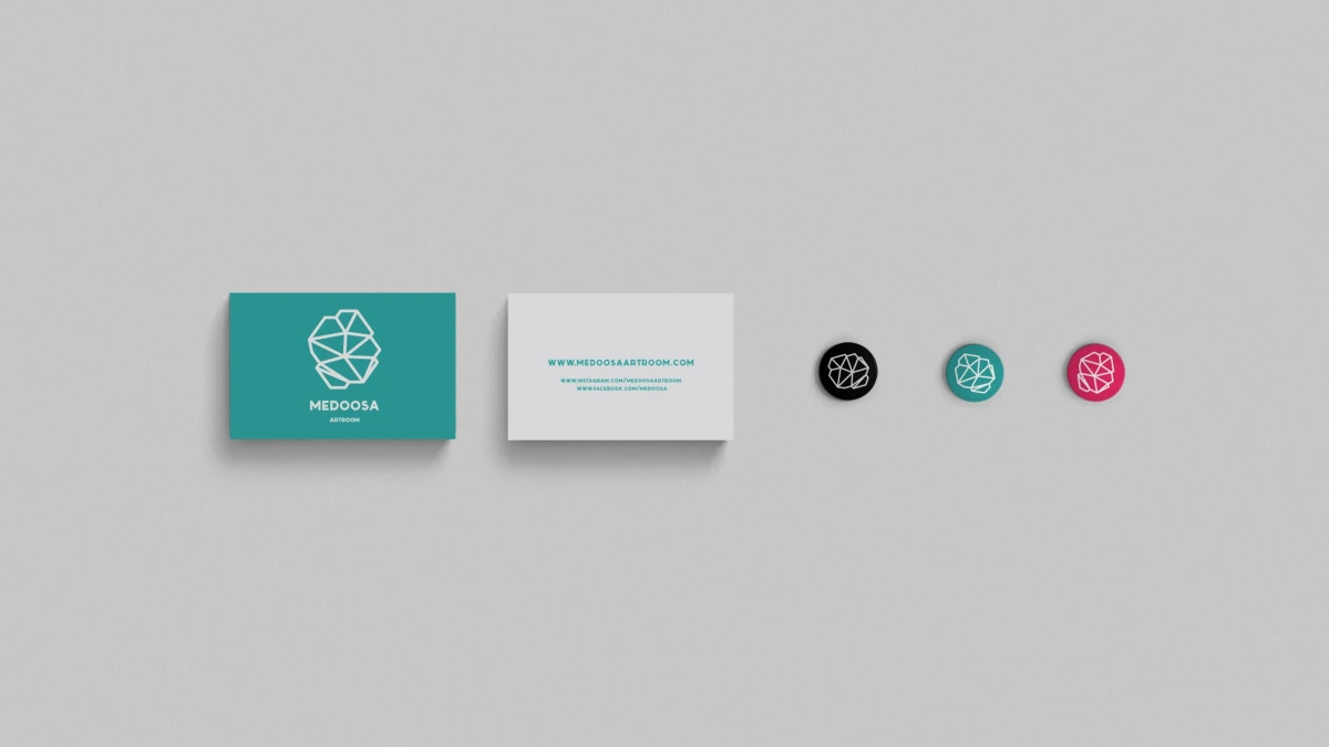 Medoosa Artroom business cards and geometric logo stickers in teal
