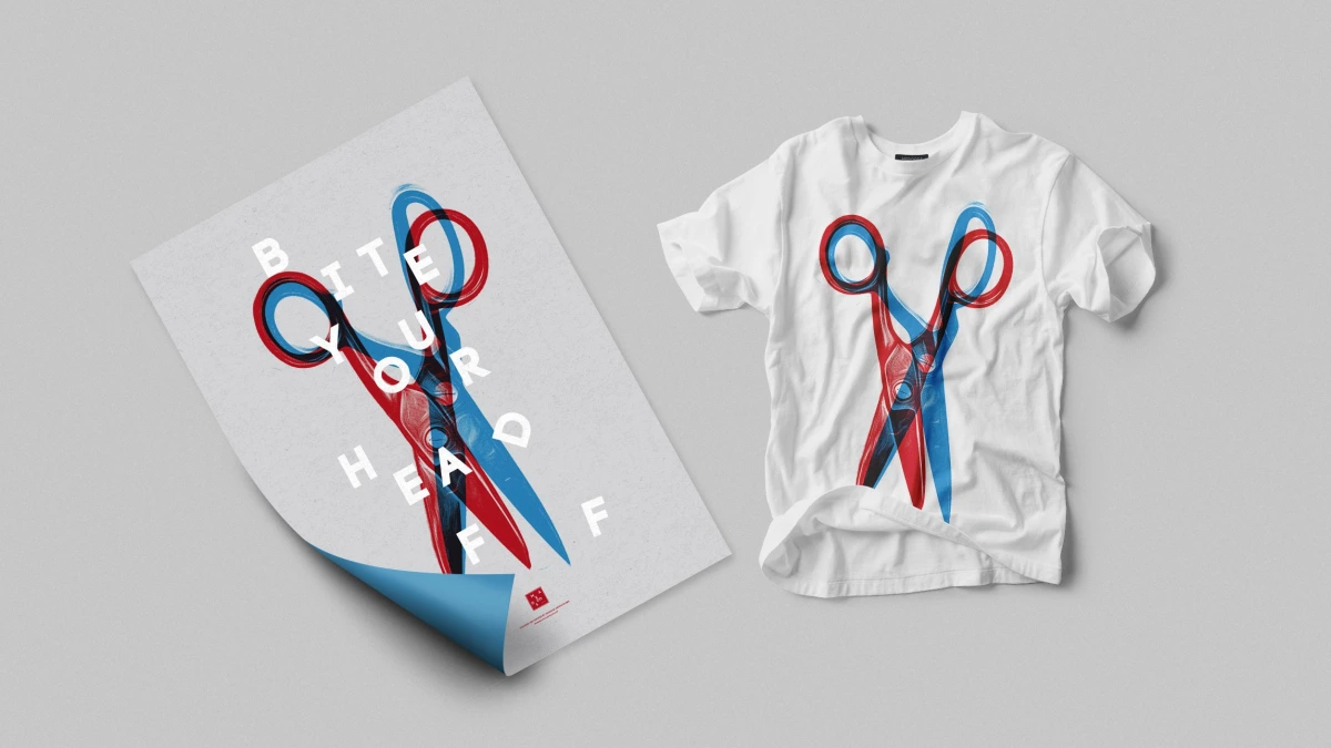 Medoosa Bite Your Head Off poster and white t-shirt with scissors illustration