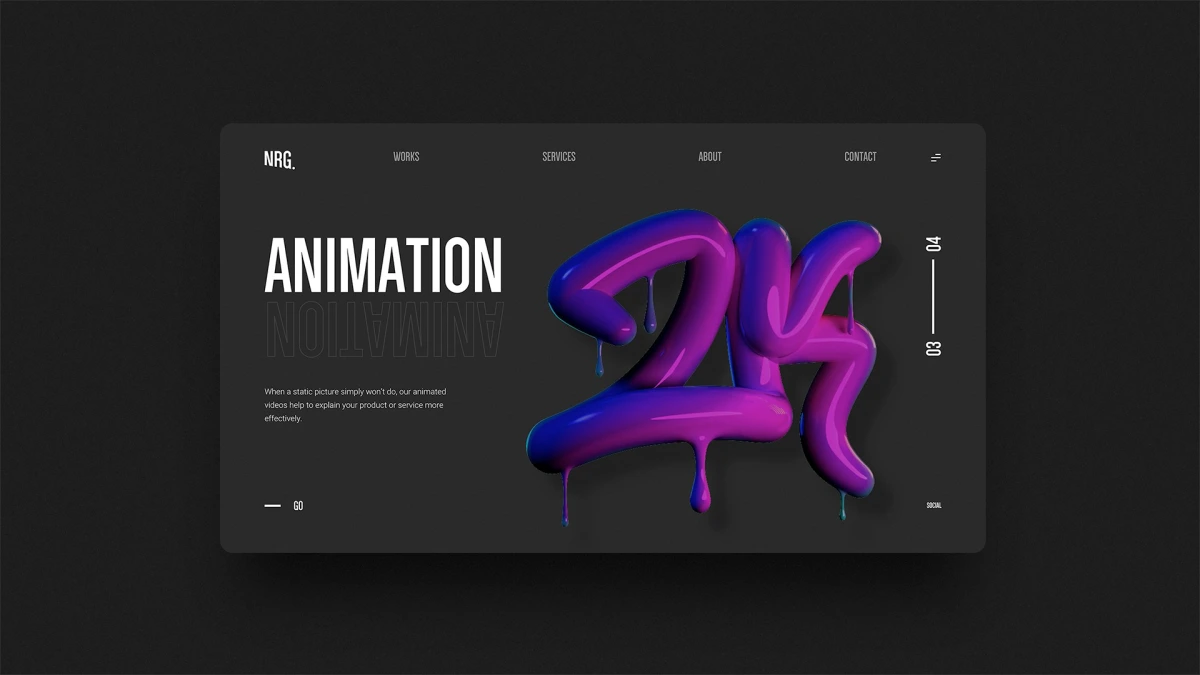 NRG Design Agency website animation service page with purple 3D text