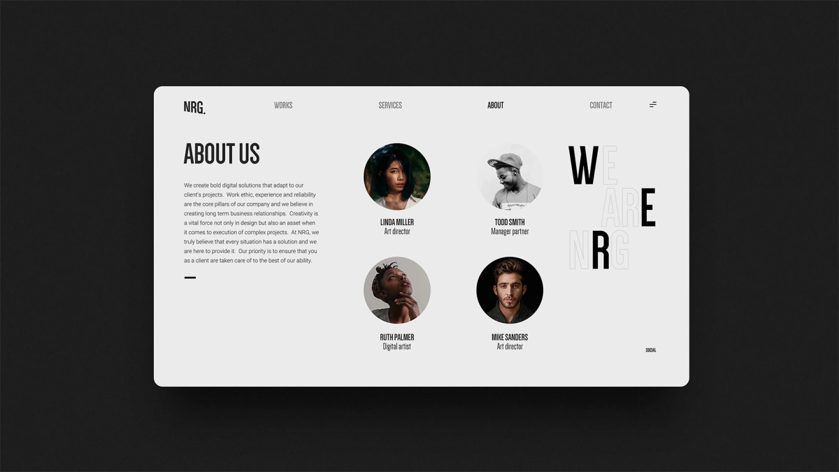 NRG website About Us page with team member photos