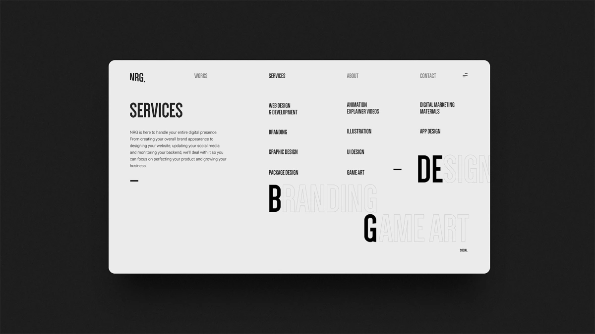 NRG website Services page listing design offerings