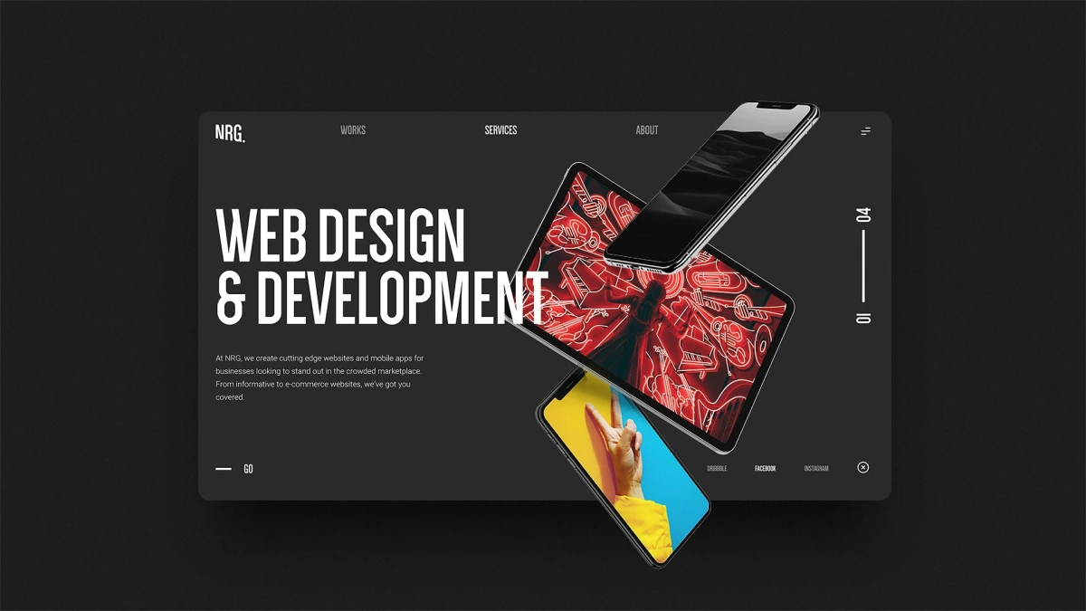 NRG Design Agency website with phone mockups for web design service