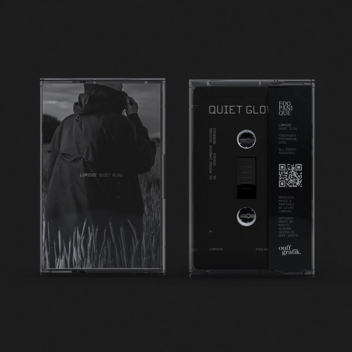 Quiet Glow cassette case open flat showing tracklist insert and QR code