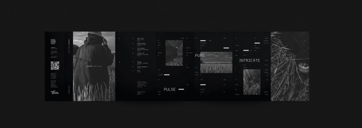 Quiet Glow album spread with black and white forest and portrait photos
